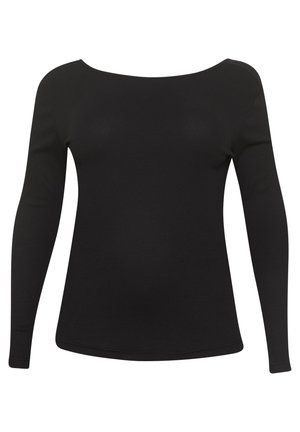 Top nero a maniche lunghe con scollatura off-the-shoulder, texture a coste, vestibilità slim e un orlo che curva leggermente sul fondo.
