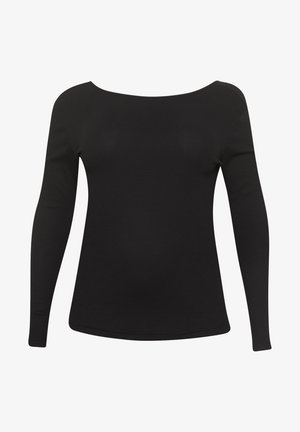 Zwarte langermige top met een off-the-shoulder halslijn, ribbelstructuur, slim fit en een onderrand die iets gebogen is aan de onderkant.