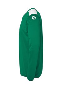 Groene sportshirt met lange mouwen en witte schouderaccenten. Gemaakt van lichte stof, met een ronde hals en een logo op de mouw.