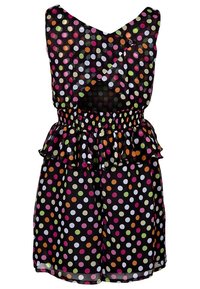 Schwarzes Kleid mit bunten Punkten in Pink, Grün, Orange und Weiß. Hat eine taillierte Taille, einen Rüschensaum und ein V-Ausschnitt-Design.
