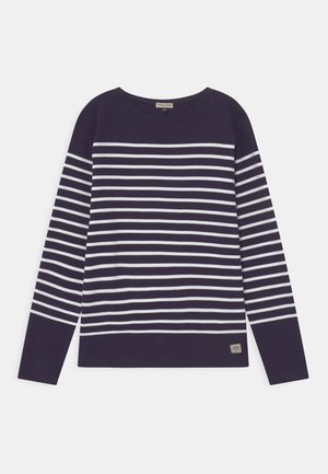 Niebieski, długi rękaw, sweatshirt w biały poziomy pasek, okrągły dekolt i mała naszywka marki u dołu. Miękki, bawełniany materiał.