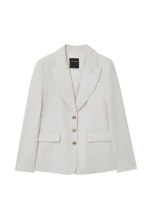 Beige blazer with a tailored fit, double-breasted front, notched lapels, gold button accents, and two front pockets. Smooth fabric texture.