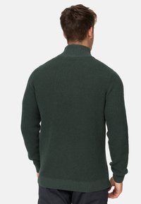 Jersey verde de punto con un collar alto. Presenta una trama texturizada y puños acanalados. El diseño es informal y ajustado en la parte posterior.