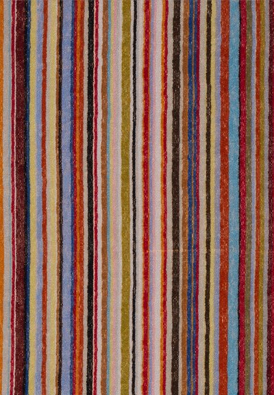 Tissu rayé multicolore avec des lignes verticales en rouge, bleu, jaune, vert et marron. La texture semble tissée et légèrement texturée.