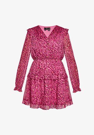 Roza obleka z leopardskim vzorcem, z V-izrezom, dolgimi prosojnimi rokavi, elastičnim pasom in večplastnim volančkom na robu. Ima sijoče zlate poudarke.