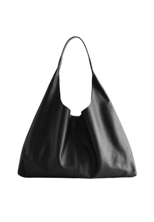 Schwarze Leder-Hobo-Tasche mit einer weichen, unstrukturierten Form, ausgestattet mit einem breiten oberen Griff und einem nahtlosen Design ohne sichtbare Beschläge.