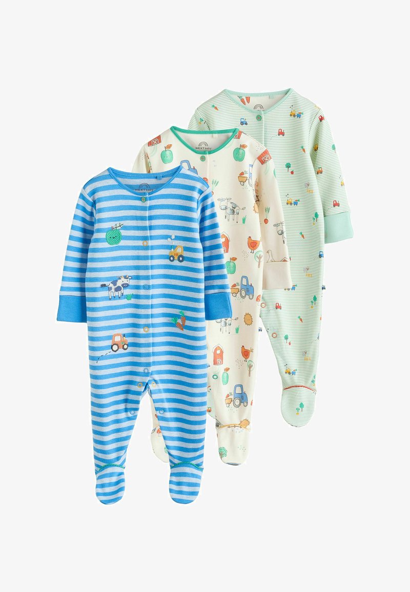 Drei Baby-Schlafanzüge mit Fußteil und Bauernhof- und Traktordrucken, in blauen Streifen, Creme und Hellgrün, übereinander gelegt.