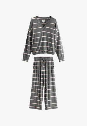 Graues Lounge-Set mit rosa horizontalen Streifen. Langärmliges V-Ausschnitt-Oberteil und weit geschnittene Hose mit elastischem Bund und Taschen. Weicher Stoff.