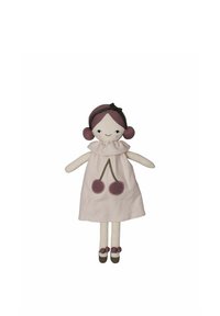 Soft fabric doll with a cream dress featuring cherry designs, light pink hair, and brown shoes. Accented with a dark headband.