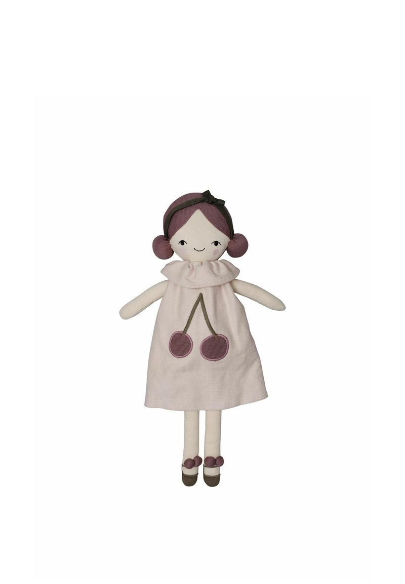 Soft fabric doll with a cream dress featuring cherry designs, light pink hair, and brown shoes. Accented with a dark headband.