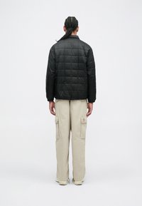 Sort, kviltet jakke med krave, der har en mat overflade og en almindelig pasform. Båret med beige cargo bukser og sneakers, set fra ryggen.