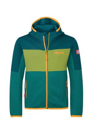 Children's hooded jacket with teal and green color blocks, orange zipper and trim, and Norwegian flag patch on the sleeve.