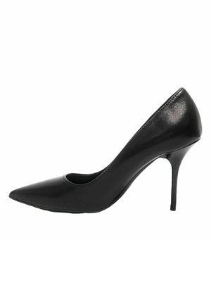 Tacco alto in pelle nera, punta affusolata, superficie liscia, tacco a stiletto e lati aperti. Design minimalista senza decorazioni.