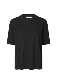 Sort kortærmet striktrøje med ribbet rund hals, manchetter og kant, mærket størrelse medium fra Masai.