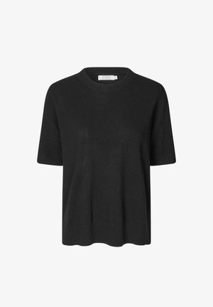 Czarny sweter z krótkim rękawem, wykonany z dzianiny, z żebrowanym okrągłym dekoltem, mankietami i dolnym wykończeniem, oznaczony rozmiarem medium marki Masai.