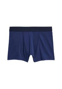 Námořnické modré bavlněné trenýrky s širokým elastickým pasem, charakterizované předním tvarovaným vakem, hladkou strukturou a dvojitě šitými švy.