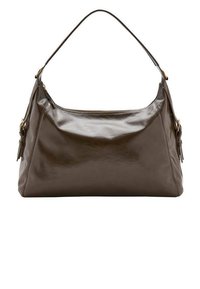 Hnedá kožená kabelka s hladkým povrchom, zakriveným tvarom a jedným ramenným popruhom. Obsahuje zipsové uzatváranie a detail s strapcom.
