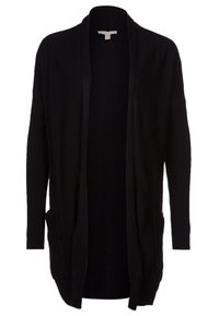 Cardigan nero aperto davanti in maglia con maniche lunghe e tasche frontali, esposto su uno sfondo bianco.