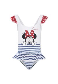 Witte zwemkleding met rode stippenmouwen, blauwe en witte gestreepte ruchesrok, met een Minnie Mouse-illustratie aan de voorkant.