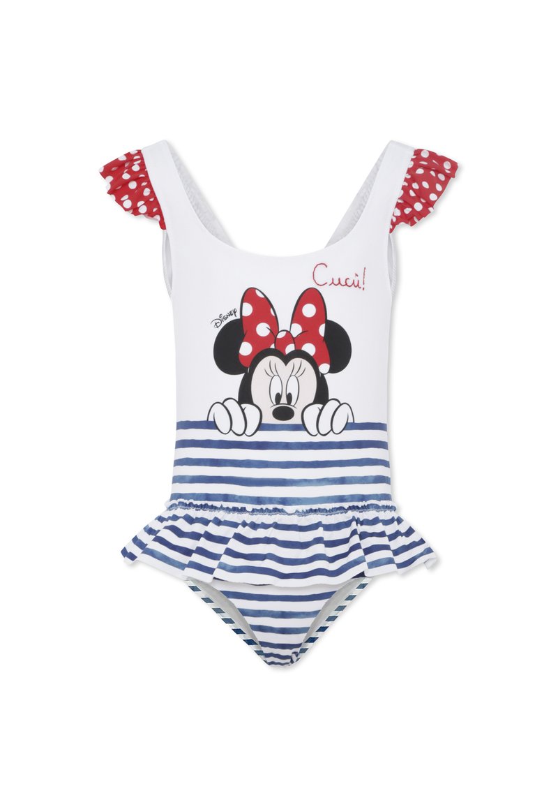 Witte zwemkleding met rode stippenmouwen, blauwe en witte gestreepte ruchesrok, met een Minnie Mouse-illustratie aan de voorkant.