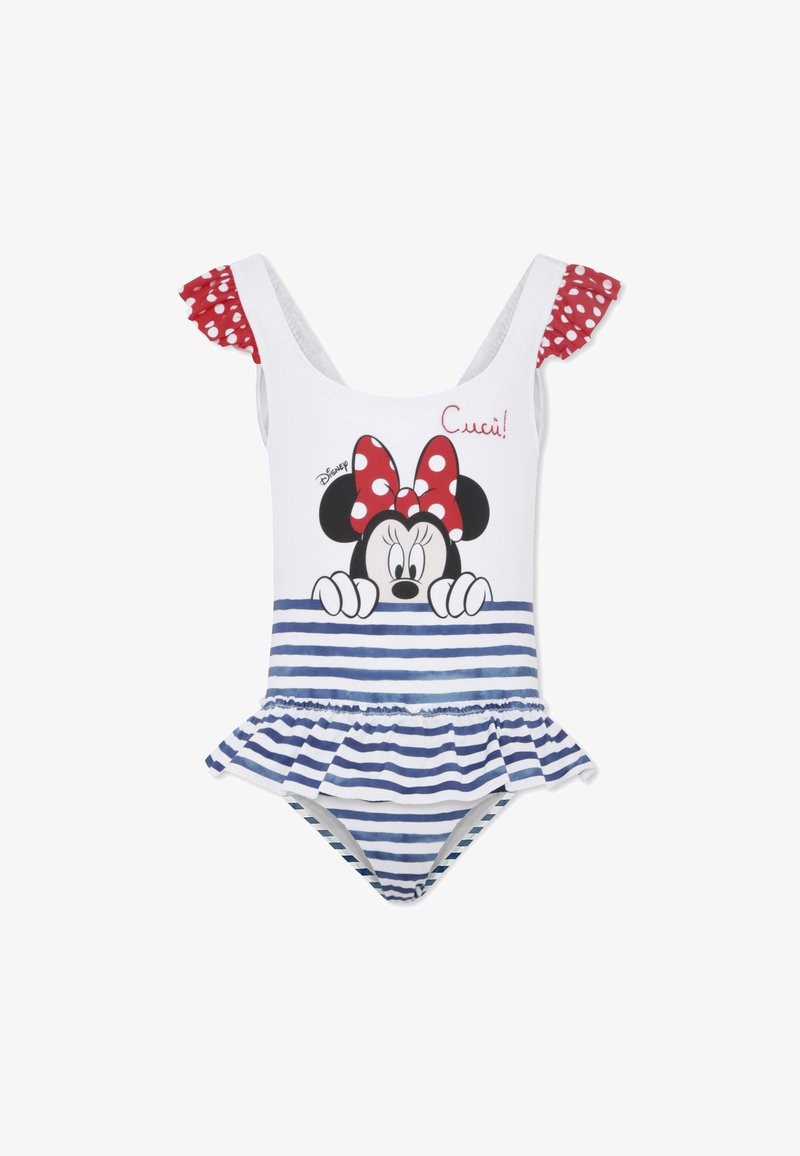 Maillot de bain blanc avec des manches à pois rouges, jupe à volants rayée bleue et blanche, présentant un graphique de Minnie Mouse sur le devant.