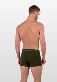 Oliwkowo-zielone bokserki o gładkiej fakturze z elastycznym paskiem w talii, na którym w szarym kolorze widnieje nazwa marki. Model pokazany od tyłu.