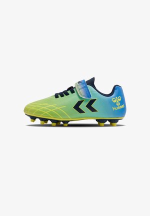 Grüner und blauer Fußballschuh mit synthetischem Obermaterial, schwarzen Akzenten, verstellbarem Riemen und Mehrfachnocken für optimalen Halt.