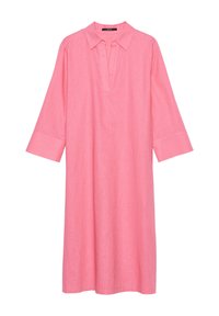 Rosa knälång klänning med 3/4 ärmar, öppen V-hals och spetsig krage, tillverkad av lättviktig tyg.