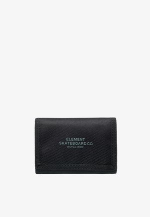 Black wallet made of textured fabric, featuring a prominent logo in light blue. Folded design with stitched edges for durability.