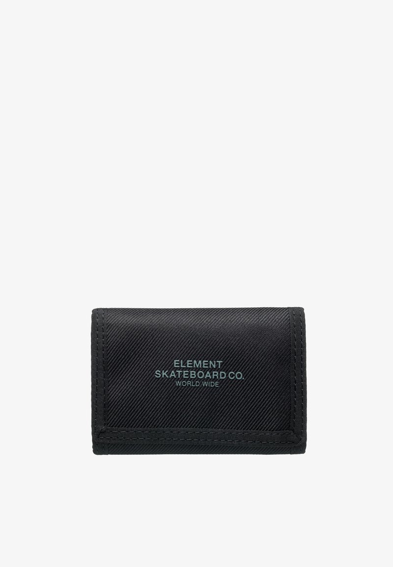 Black wallet made of textured fabric, featuring a prominent logo in light blue. Folded design with stitched edges for durability.