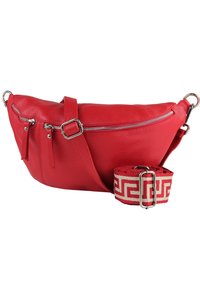 Rode leren schoudertas met ritssluiting, voorzien van twee zijvakken en een gestreepte stoffen schouderriem met een geometrisch patroon.