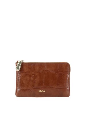 Brown leather zippered pouch with crocodile texture and gold "abro" logo centered on the front.
