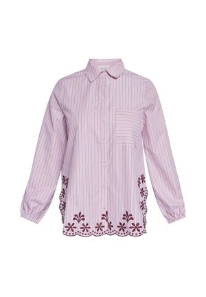 Stribet skjorte i lys pink og hvid med en brystlomme og maroon blomsterbroderi langs kanten. Lange ærmer med elastiske manchetter.
