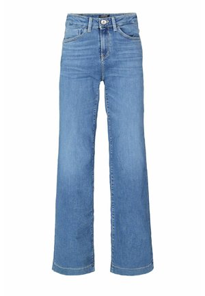 Jeans évasés bleu clair en denim, dotés d'une taille haute, de deux poches avant et d'une fermeture à bouton avec une passante de ceinture unique à l'arrière.