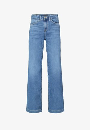 Light blue wide-leg jeans made of denim, featuring a high waist, two front pockets, and a button closure with a single belt loop at the back.