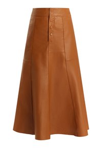 Brown leather A-line skirt featuring a front panel with buttons and a mid-calf length. Smooth texture and seams add to its design.