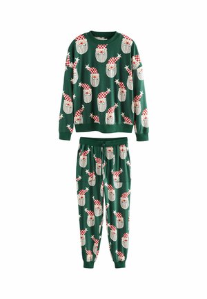 Grön pyjamas-set med ett festligt mönster av skäggiga figurer som bär röd- och vit-rutiga mössor, tillverkat av mjukt tyg; långärmade tröjor och byxor.