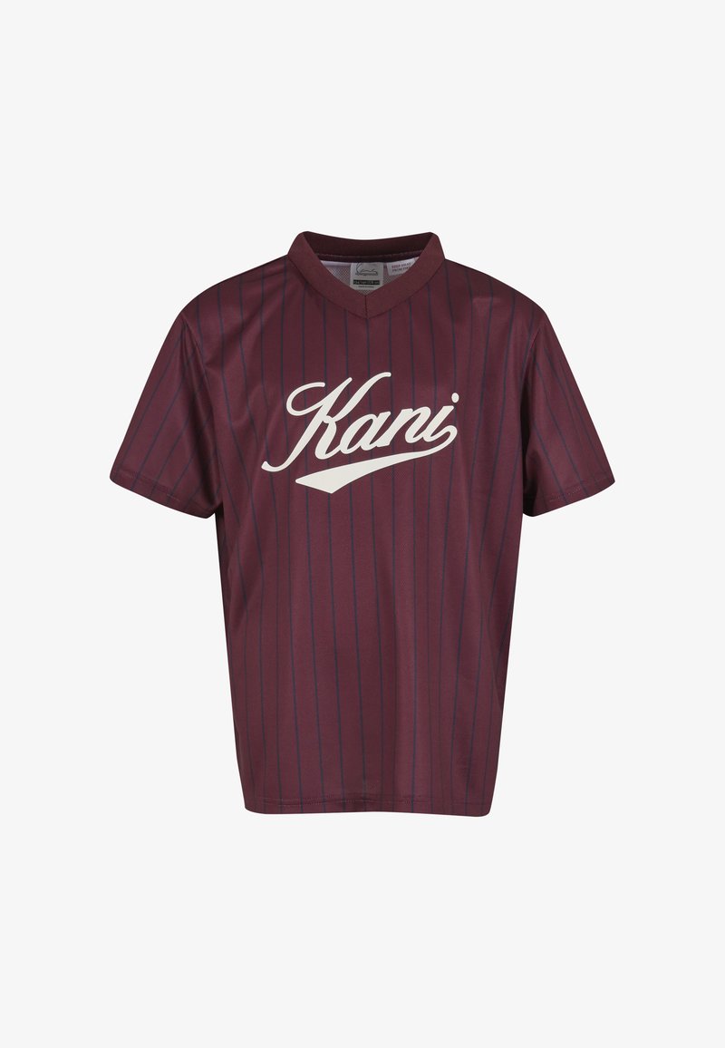 Vinrød kortærmet skjorte med hvide lodrette striber og "Kani"-logo trykt på forsiden. Fremstillet af letvægtsstof med V-hals design.
