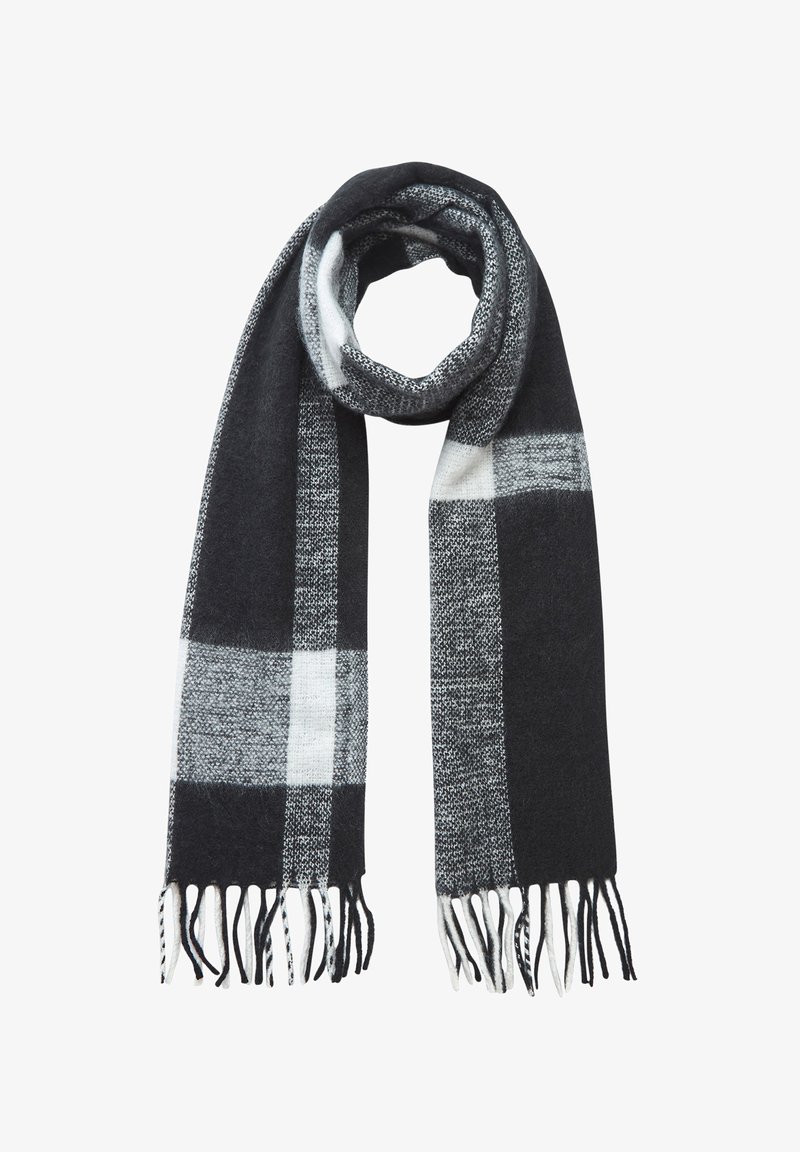 Czarnobiała szachownicowa chusta wykonana z miękkiego materiału, z frędzlami na końcach i teksturowanym wzorem dla dodatkowego detalu.