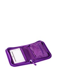 Purple zippered wallet with textured exterior, interior pockets, and a notepad. Features a small zip pouch and card slots.