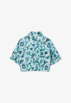 Cropped bloemenblouse met een groene achtergrond en blauwe en witte madeliefjes, korte mouwen en een kraag. Gemaakt van lichtgewicht stof.