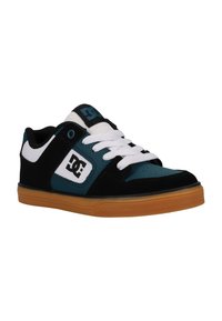 Sapatos de skate preto, azul e branco com um superior em camurça, atacadores brancos e sola em borracha gum. Apresenta um logótipo na lateral e colarinho almofadado.