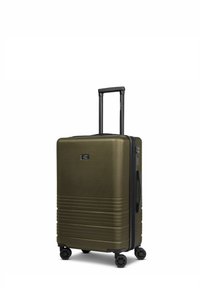 Valigia rigida verde oliva con superficie texturizzata, zip nera, maniglia telescopica e quattro ruote per la mobilità.