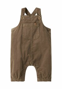 Brune fløjlsoveraller med justerbare skulderstropper, to knapper på hver strop, en frontlomme og elastiske ankler for en tætsiddende pasform.