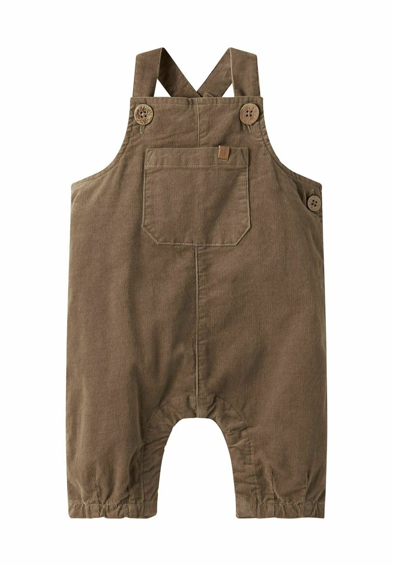 Brune fløjlsoveraller med justerbare skulderstropper, to knapper på hver strop, en frontlomme og elastiske ankler for en tætsiddende pasform.