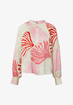 Crèmekleurige blouse met lange mouwen, met rode en roze abstracte bladpatronen, een kraag met knopen en gerimpelde manchetten.