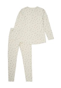 Lange mouw pyjamapakket met een crème achtergrond, met kleine roze en grijze bloemmotieven. Zachte, lichte stof met een relaxte pasvorm.