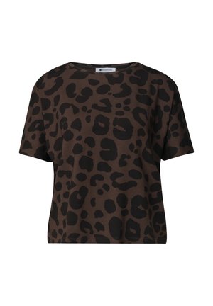 T-shirt court marron à manches courtes avec un motif léopard noir intégral.