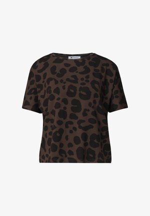 T-shirt court marron à manches courtes avec un motif léopard noir intégral.