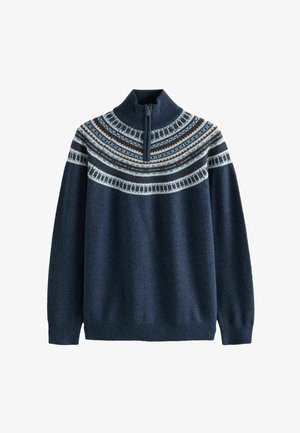 Pulover bleumarin cu guler cu fermoar, având un model geometric pe yoke în bej și maro. Textură moale din tricot, mâneci lungi și tiv cu dungi.